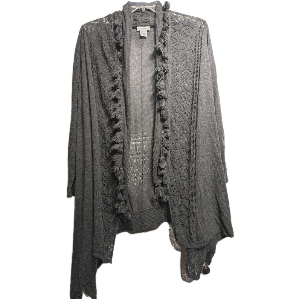 Soft Surroundings Cardigan Sweater Womens 3X Gray Tassel Open Knit Wool/Cashmere